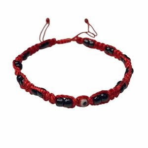 Evil Eye Knotted Rope Bracelet Hand Made Red with Black Bead